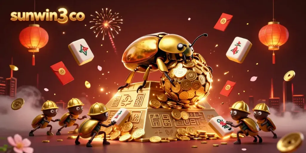 Spin and win with sunwin3 co at this vibrant 3D casino illustration featuring golden dung beetles and dynamic elements.