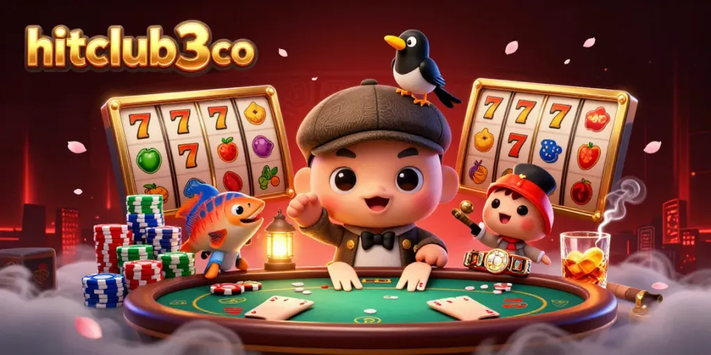 Play and win on hitclub3 co with vibrant characters amidst slot reels and casino elements.