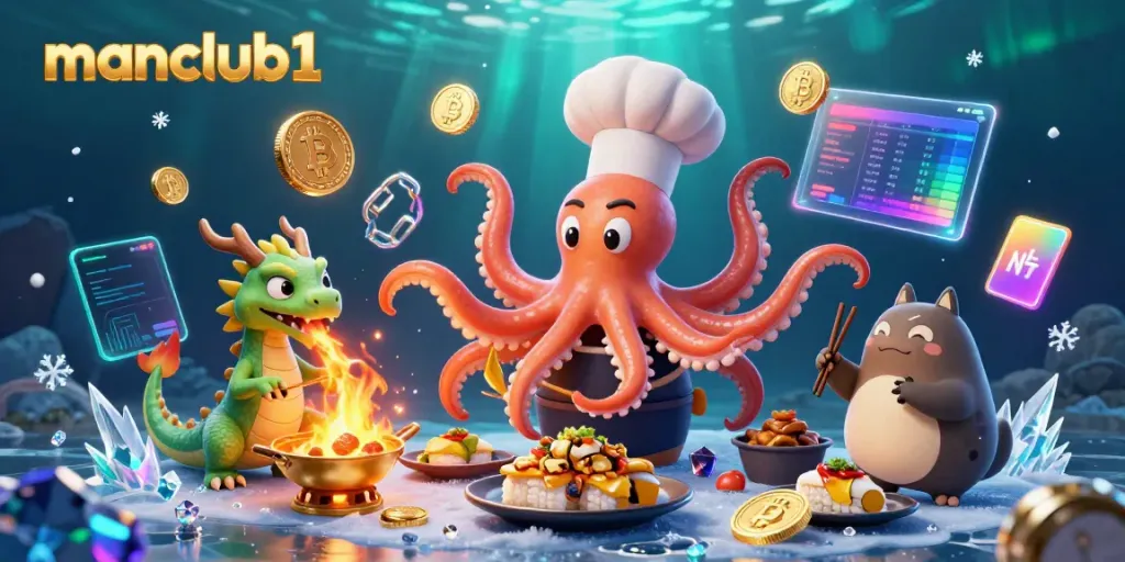 Playing thrilling casino games at manclub1 with captivating characters, Bitcoin coins, and vibrant displays.