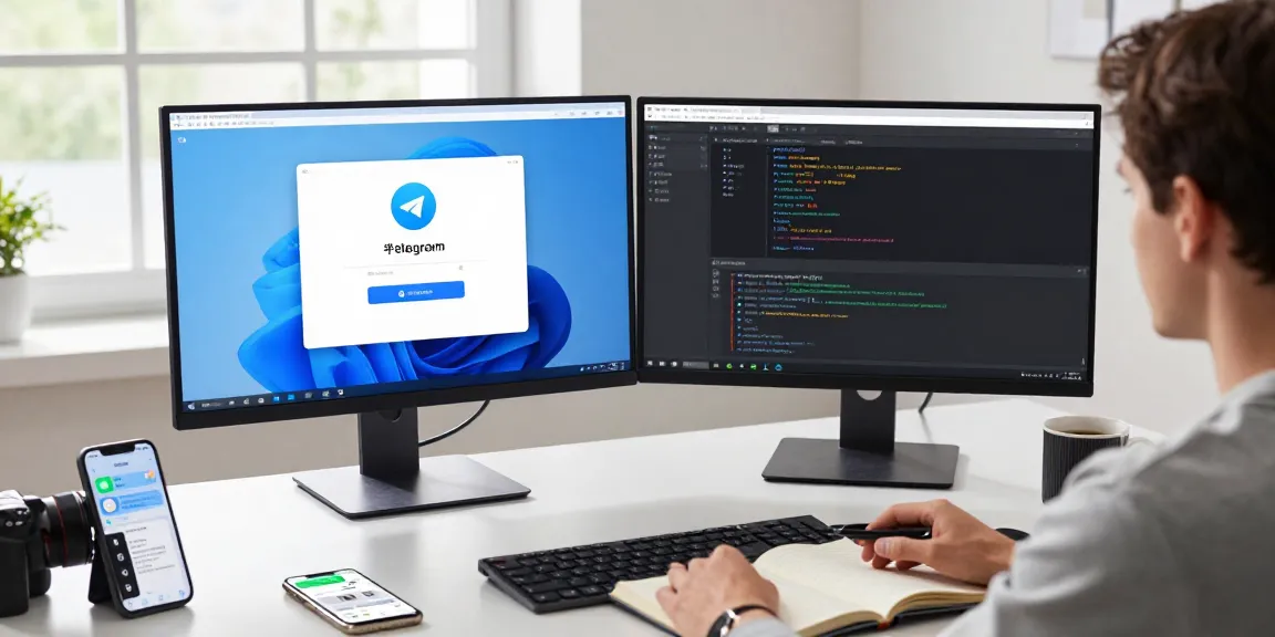Setting up the Telegram Chinese Version interface on dual monitors in a modern workspace.