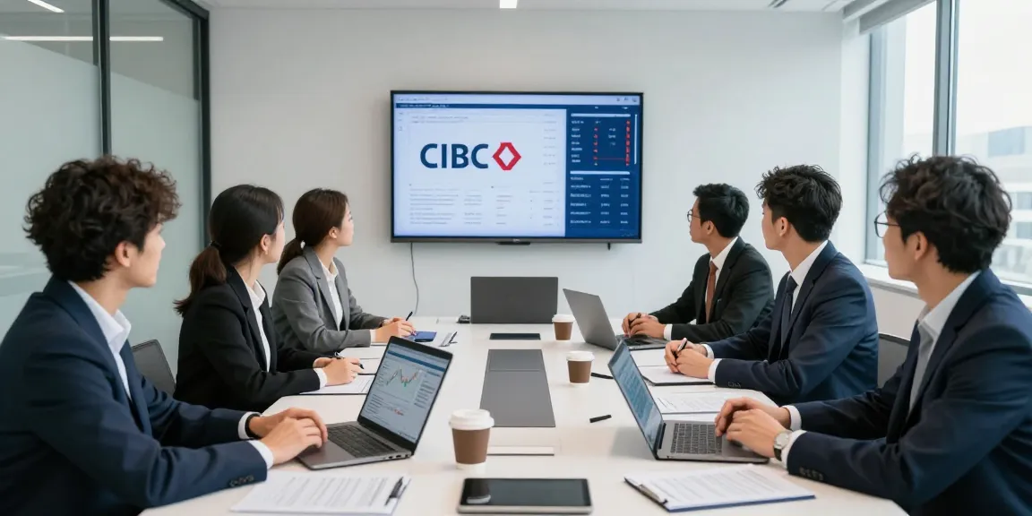 Réunion professionnelle de services financiers avec des experts discutant des stratégies CIBC dans une salle moderne.