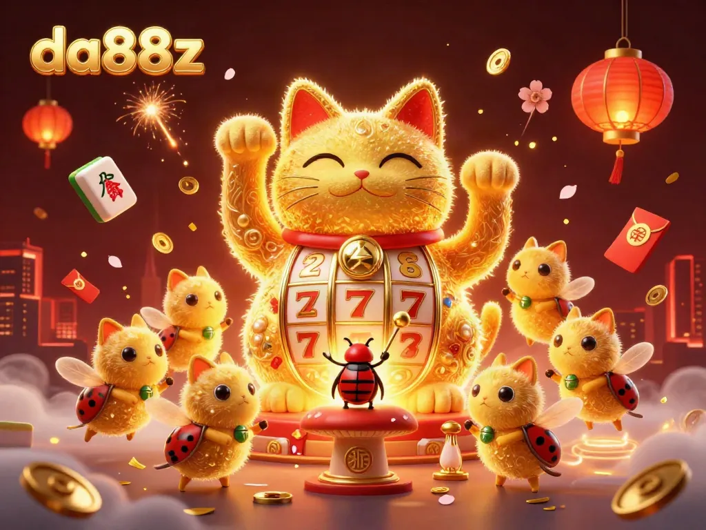 Experience the vibrant excitement of da88z with a giant lucky cat and floating slot reels in a colorful 3D casino scene.