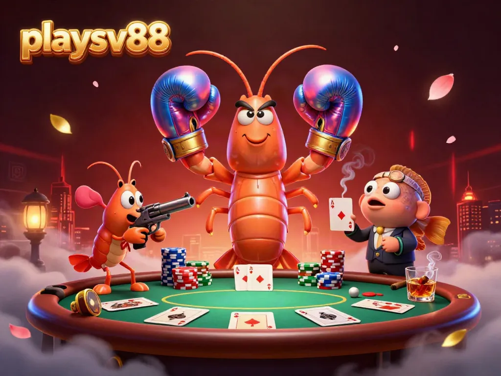 Experience high-stakes gameplay with playsv88 as characters battle at a vibrant poker table.