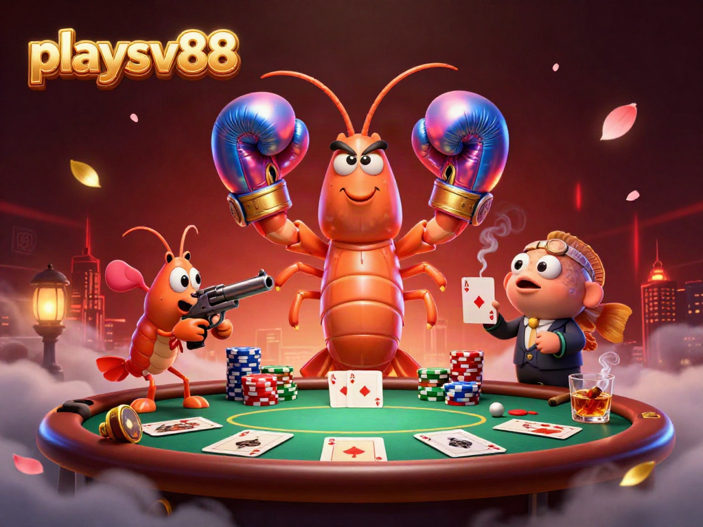 Experience high-stakes gameplay with playsv88 as characters battle at a vibrant poker table.