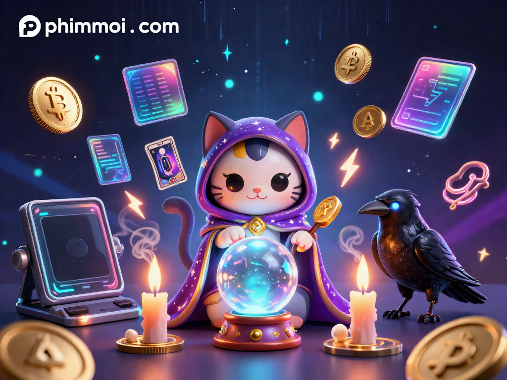 Engage with phimmoi . com in a mystical casino scene featuring a fortune teller cat and tarot raven.