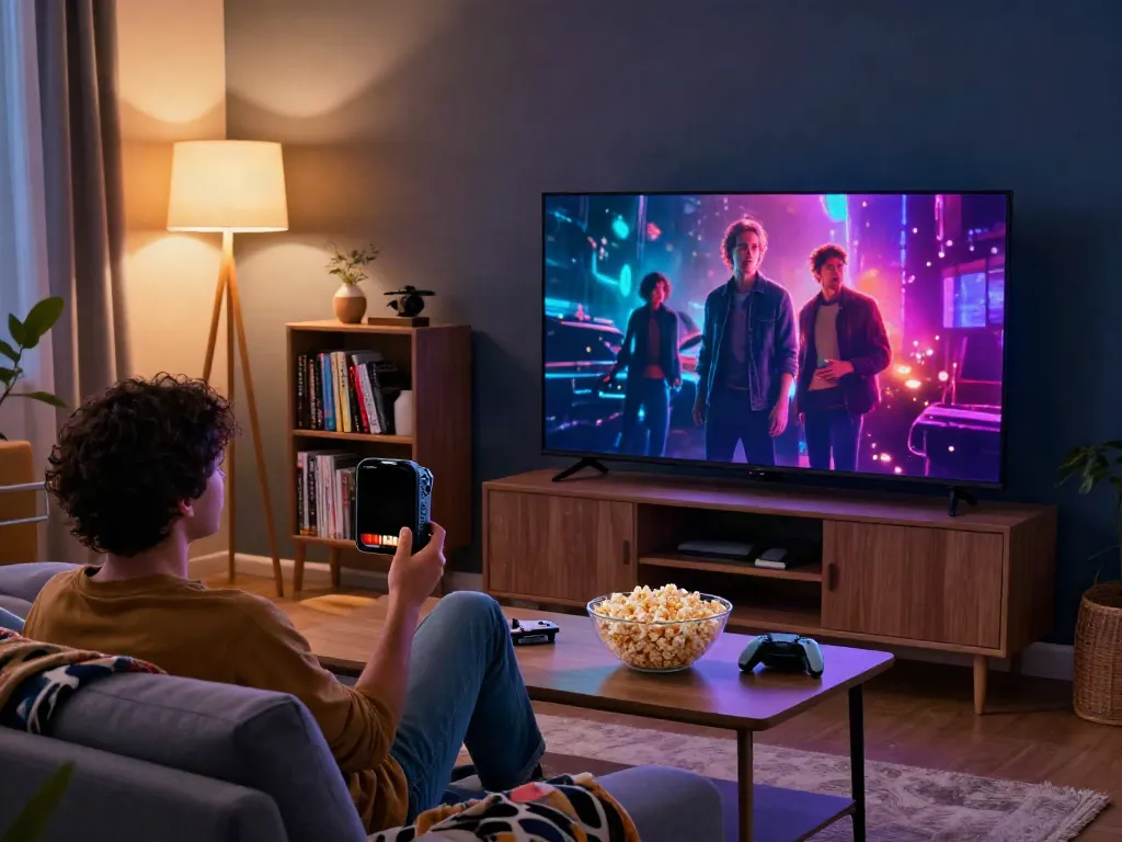 Enjoying the PickAShow App on a cozy evening, user streaming movies on a large TV with snacks.
