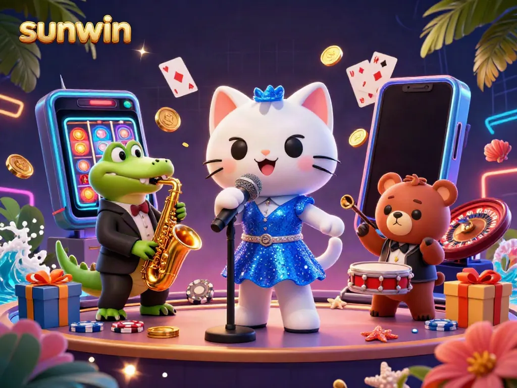 Experience sunwin excitement with a vibrant scene depicting a jazz-singer cat, saxophonist crocodile, and bear cub on stage surrounded by casino elements.