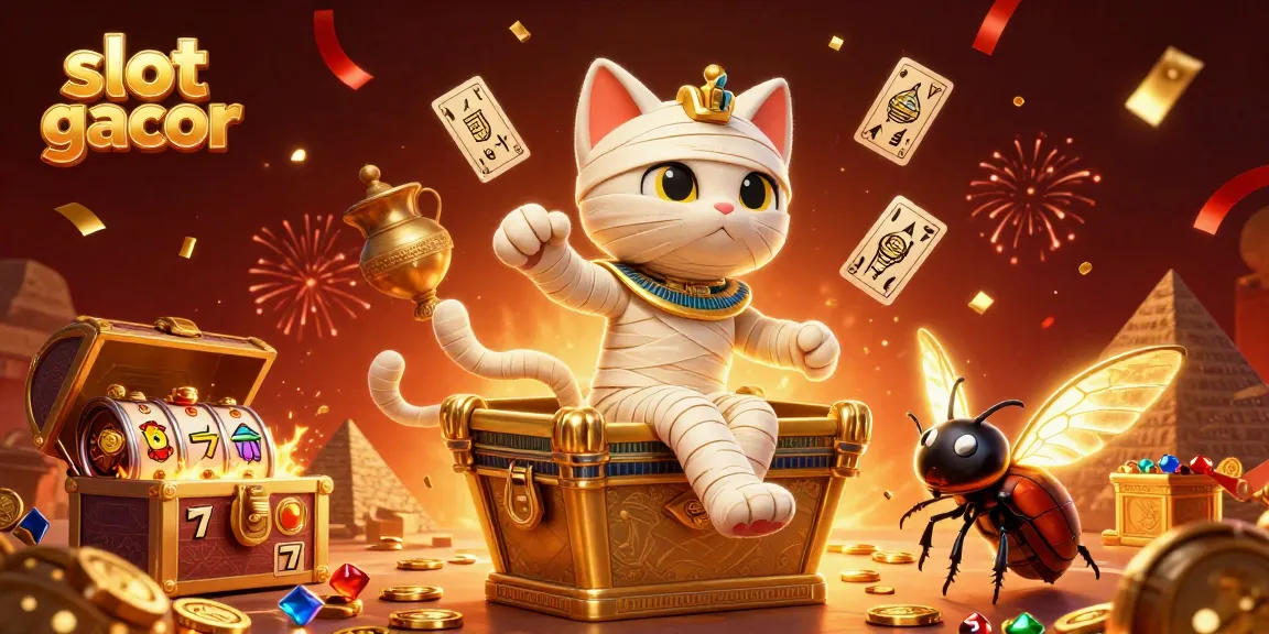 Experience the thrills of slot gacor with a vibrant Egyptian casino scene featuring a mummy cat and treasures.