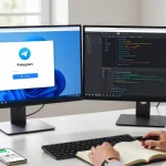 Setting up the Telegram Chinese Version interface on dual monitors in a modern workspace.