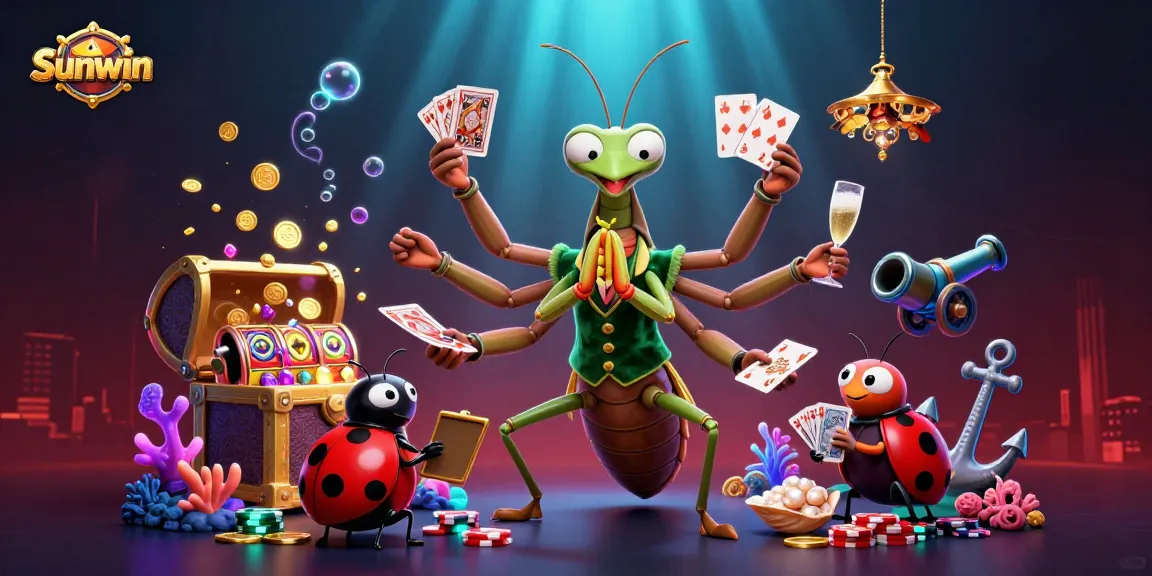 Sunwin enhances the gaming experience with vibrant characters, slot reels, and treasure elements.