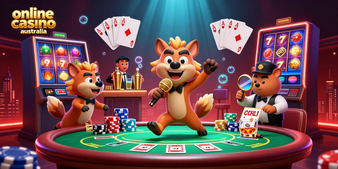 Engage with top online casino Australia features in a vibrant, humorous casino illustration.