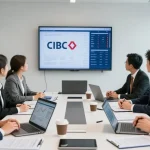 Réunion professionnelle de services financiers avec des experts discutant des stratégies CIBC dans une salle moderne.