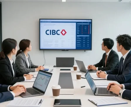 Réunion professionnelle de services financiers avec des experts discutant des stratégies CIBC dans une salle moderne.