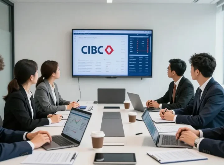 Réunion professionnelle de services financiers avec des experts discutant des stratégies CIBC dans une salle moderne.