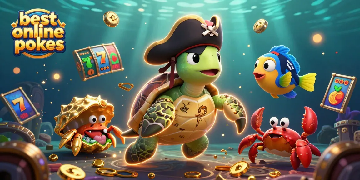Spin the best online pokies with a vibrant 3D scene featuring a pirate turtle, golden hermit crab, and parrotfish.